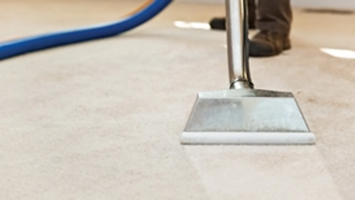 Carpet cleaning wand head gliding over a light carpet during hot-water extraction, Bradenton, FL.