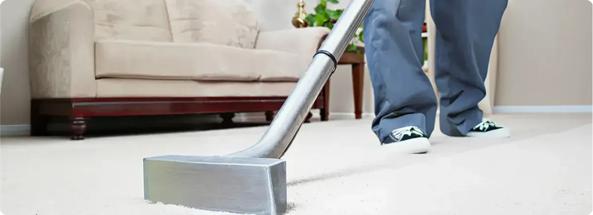 Carpet cleaning technician using a hot-water extraction wand on a light-colored carpet in a living room, Bradenton, FL.